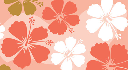 Obraz premium Hibiscus floral pattern with coral and teal flowers on a soft peach background. Colorful, stylized hibiscus blossoms arranged in a repeating pattern.