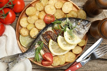Tasty roasted dorado fish served with potatoes, tomatoes and lemon on wooden table, flat lay. Homemade seafood dish