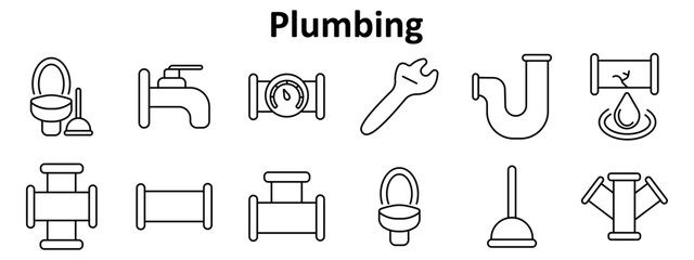 Plumbing set icon. Toilet, faucet, plunger, pipe, leak, tools, fittings, water droplet, joints, meters, pressure, stream, drainage, valves, bathroom.
