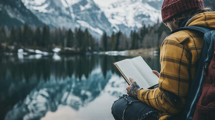 Close-up of a hiker with a tattooed arm journaling in a travel diary beside a lake with snow-capped peaks reflected in the water, rustic setting