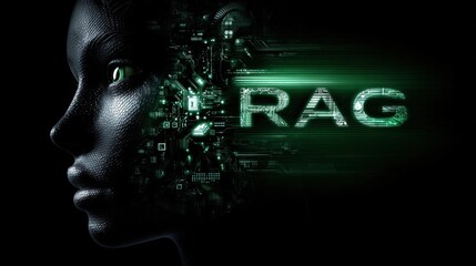 A robotic interacts with a glowing brain representation, showcasing the fusion of artificial intelligence. RAG (Retrieval Augmented Generation). LLM (Large Language Model)