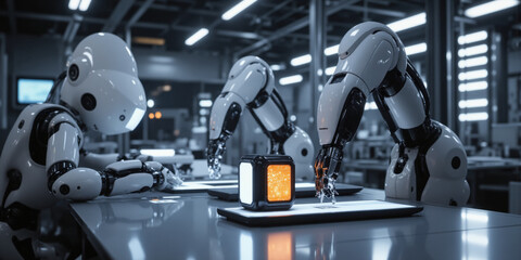 Precision Manufacturing Advanced Robotics Visual concept of precision manufacturing using advanced robotics, robotic arms and automated systems precisely assembling complex products