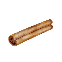 Cinnamon stick illustration. Hand-drawn watercolor style with realistic texture. Brown spice on white background. Ideal for recipes, cosmetics, packaging, cards, tea labels and kitchen design.