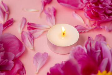 Pink peonies and petals with a burning candle on pastel pink background