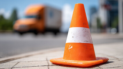 Traffic cone on a city street with a blurred truck in the background.
