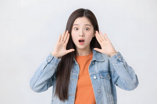 Portrait of a surprised young Asian woman with wide eyes and open mouth, wearing a denim jacket and making a shocking announcement