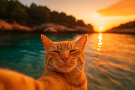 Adorable Orange Cat Taking Sunset Selfie by Waterside Enjoying Peaceful Scenic View