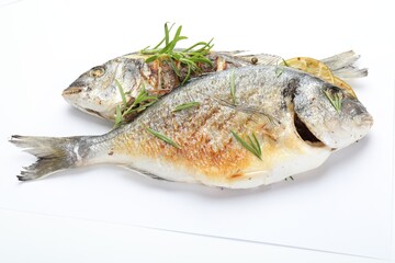 Tasty roasted dorado fish with spices isolated on white, above view. Homemade seafood dish