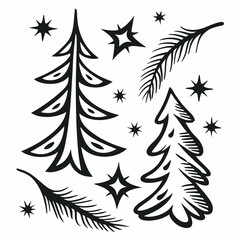 Hand Drawn Christmas Trees and Stars Vector