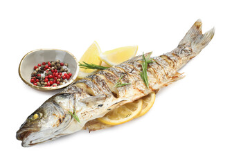 Tasty roasted seabass fish with spices isolated on white. Homemade seafood dish