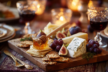 Elegant Cheese Platter with Wine and Fruits on Rustic Wooden Board