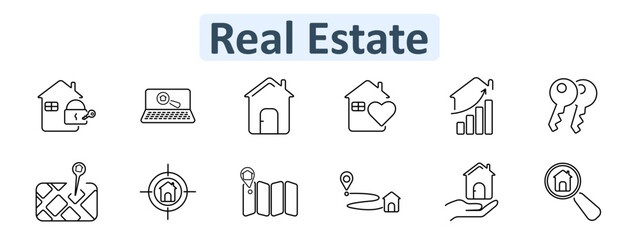Real estate set icon. House with lock, laptop, house with heart, growth chart, keys, map, location pin, target, route, hand holding home, magnifier with house displayed