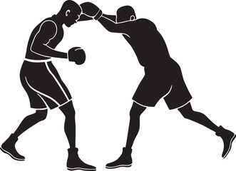 Silhouette of two boxers in action, with one fighter landing a punch on the opponent. Dynamic sports vector perfect for boxing themes and athletic branding.