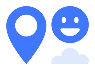 Blue location pin, smiling face emotion, and light cloud icon suggesting navigation, positivity, and weather. Ideal for travel, tech, emotions, weather apps simplicity minimalism simple landing