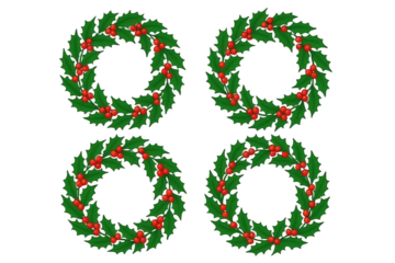 Four festive holly wreaths with vibrant green leaves and bright red berries, arranged in a symmetrical pattern