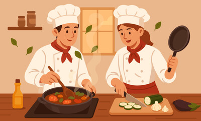 Chefs cooking together in cozy kitchen &ndash; flat vector.