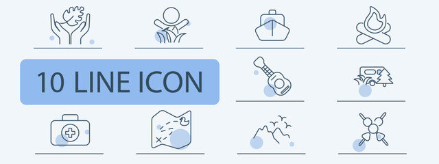 Camping set icon. Line icons showing leaf in hands, child playing in leaves, ship, campfire, ukulele, camper van with trees, first aid kit, treasure map, mountains, rock climbing