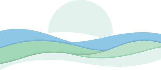 Obraz premium Abstract landscape design featuring soft pastel colors with layered hills and sky. Simple, serene scene with a soft, bright sun.