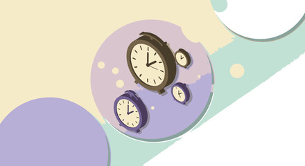 Abstract graphic design of multiple floating clocks in pastel colors. Floating timepieces in soft hues against a backdrop of layered circles and light effects.