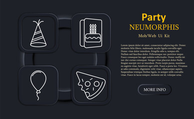 Party set icon. Party hat, birthday card with cake, balloon with string, and pizza slice drawn in line style on neumorphic interface squares for celebration themes