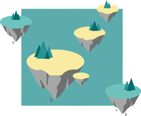 Floating islands with stylized trees in a teal background. Abstract islands in a fantastical setting. A graphic design artist’s floating islands in a teal environment -
