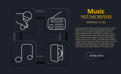 Music set icon. Hand holding microphone, radio, musical note, and CD in case outlined in white on neumorphic buttons for audio broadcasting themes
