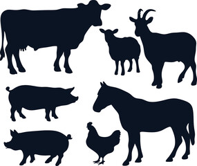 farm animal icon set with hen, goat, horse, pig, sheep, and cow. Ideal for agriculture branding, butcher shops, packaging, and rural-themed design.

