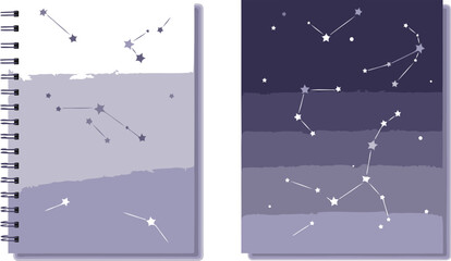 Fototapeta premium Two spiral-bound notebooks featuring constellation designs on light purple and dark purple gradient backgrounds.