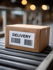 Cardboard package with delivery label on conveyor belt.