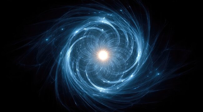 Glowing blue spiral nebula with bright core