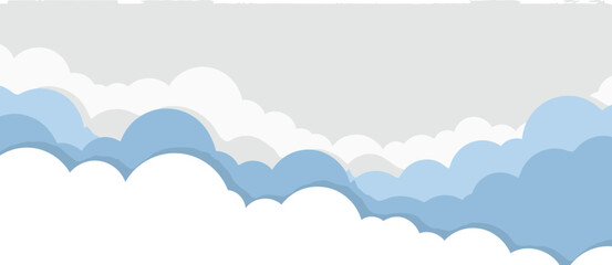 Abstract graphic design of layered light blue and white clouds against a light gray background. Soft, pastel color palette with stylized, paper-cut effect clouds.