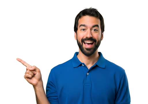 A smiling man with a beard, wearing a blue polo shirt, pointing his finger to the side with an excited expression. isolated on transparent background
