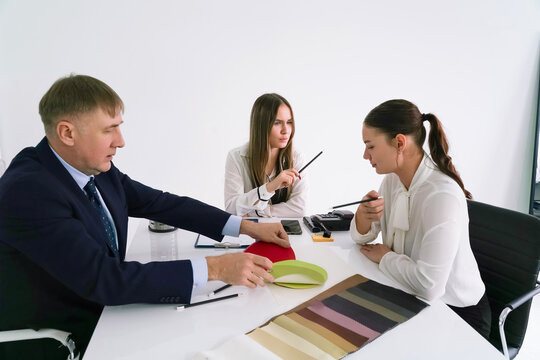 Business meeting discussing design concepts and color options in modern office setting