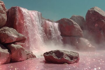 Pink waterfall cascading over rocks, sparkling water