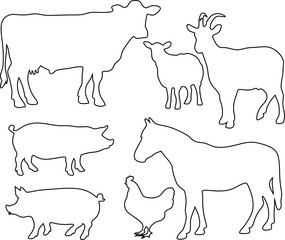 Outline vector icon set of farm animals—hen, pig, cow, goat, sheep, horse. Great for agricultural labels, meat logos, and minimalist farm branding.

