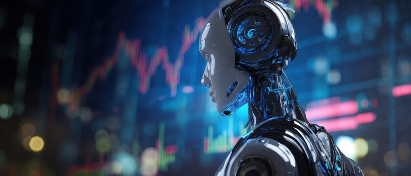 The robotic figure observing financial trends in a digital landscape