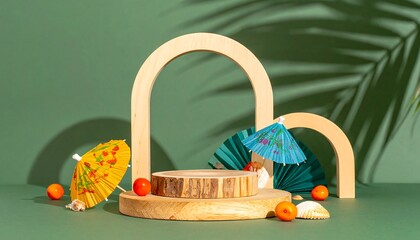 Summer themed product display with wooden arches, cocktail umbrellas, tangerines, and seashells