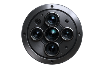 Advanced Multi-Lens Camera System Featuring a Circular Metallic Housing with Multiple Lenses and Reflective Surfaces