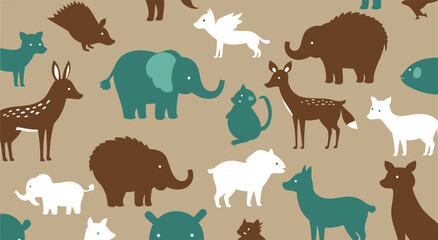 Fototapeta premium A children's pattern of various animal silhouettes in teal, brown, and white on a light beige background. Simple, stylized animal illustrations with a playful, child-friendly aesthetic.