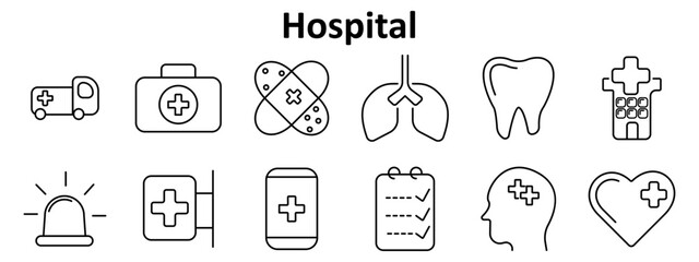Hospital set icon. Includes ambulance, medical kit, bandage, lungs, tooth, hospital building, siren, wall cross, phone, checklist, head with cross, heart with cross