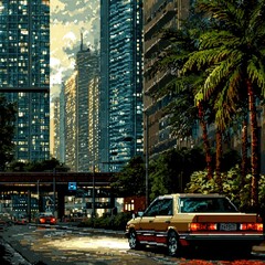Pixelated cityscape at dusk.  A vintage car drives down a city street, flanked by tall buildings and palm trees.  Warm colors and soft lighting