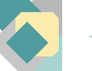 Abstract geometric shapes in pastel teal, light gray, and pale yellow colors arranged in an overlapping pattern on a light gray background.