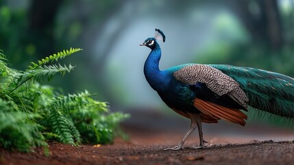 Fototapeta premium A stunning peacock struts confidently along a misty forest path.