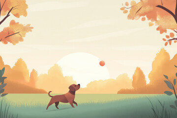 A dog with a leash, ready for a walk, in a minimalistic setting with soft tones.
