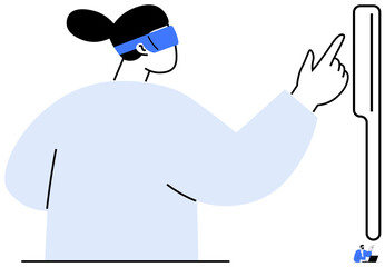 Person wearing VR headset interacting with a futuristic touchscreen. Ideal for technology, innovation, virtual reality, user experience, digital interaction, education, and entertainment concepts