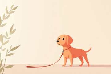 A dog with a leash, ready for a walk, in a minimalistic setting with soft tones.