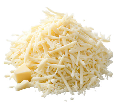 Freshly shredded cheese heap with a block of cheese on a solid transparent background