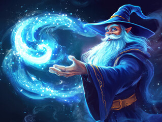 A wizard casting a spell with sparkling blue magic swirling around. 