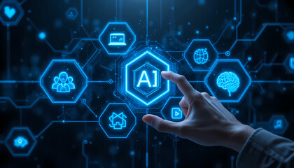 Hand touching ai interface with glowing icons representing technology and connectivity network design