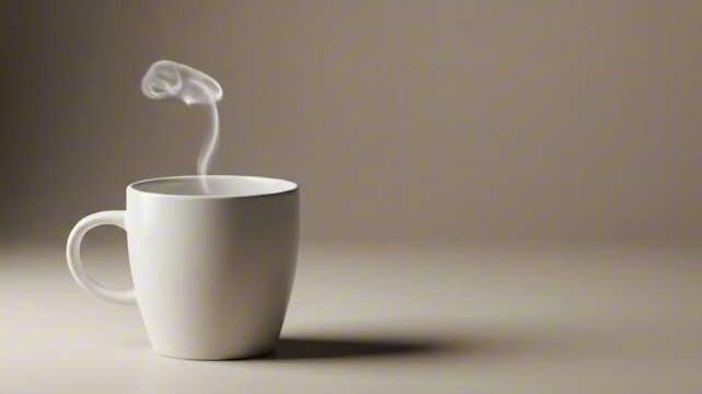 White mug steam rising positioned left on a neutral background Sharp shadow visible on the bottom right